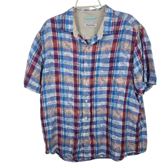 Tommy Bahama Blue 100 % Linen Camp Shirt Button Down Mens Hawaiian Tropical XL - Picture 1 of 12